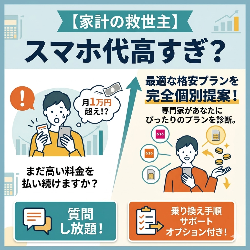 スマホ代が高い人へ!携帯料金の見直し提案いたします 質問し放題!格安SIM乗換え手続きのサポートオプション付き! イメージ1