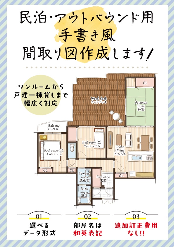 手書きタッチの戸建・マンション間取り図を作成します 企業や個人、インバウンド向けの水彩画タッチ風間取り図を作成！ イメージ1