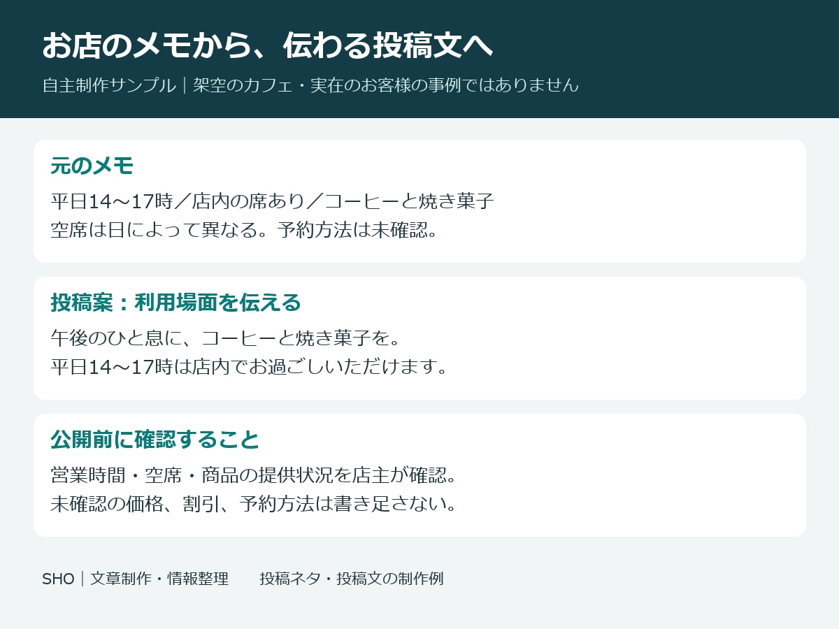 SNSの投稿ネタ10案と投稿文5本を作ります 小さなお店・個人事業のメモを伝わる投稿に イメージ4