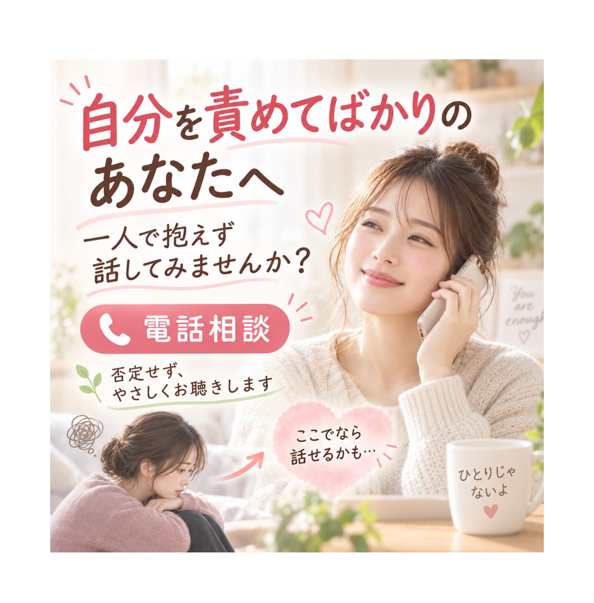 自分を責めてしまう！あなたの気持ちをお聴きします 「私ってダメだな…」そんな気持ち、一人で抱えず話しませんか？ イメージ1