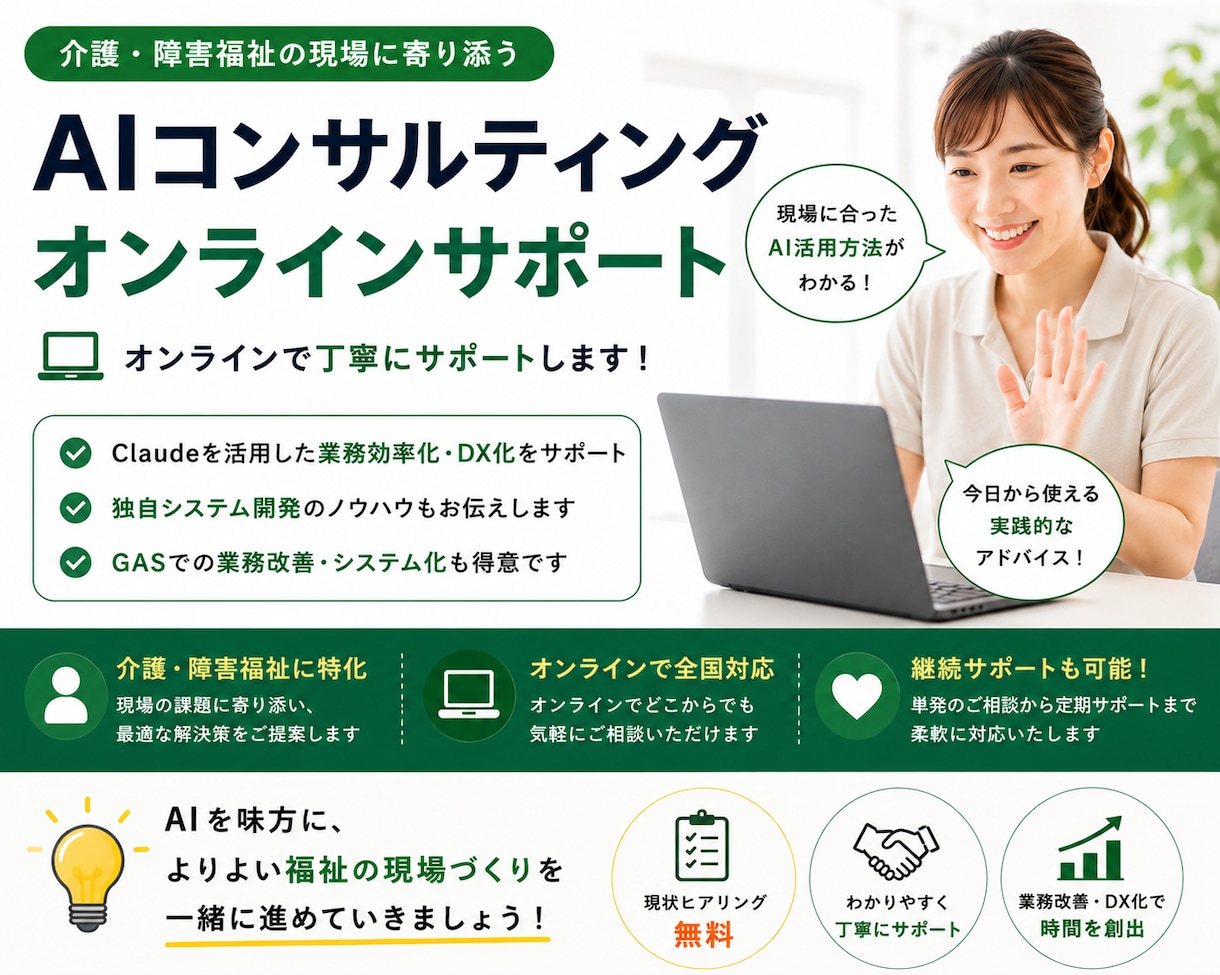 介護・福祉向け AI活用や業務改善アドバイスします オンライン相談でAI・DX活用をやさしく伴走サポートします イメージ1