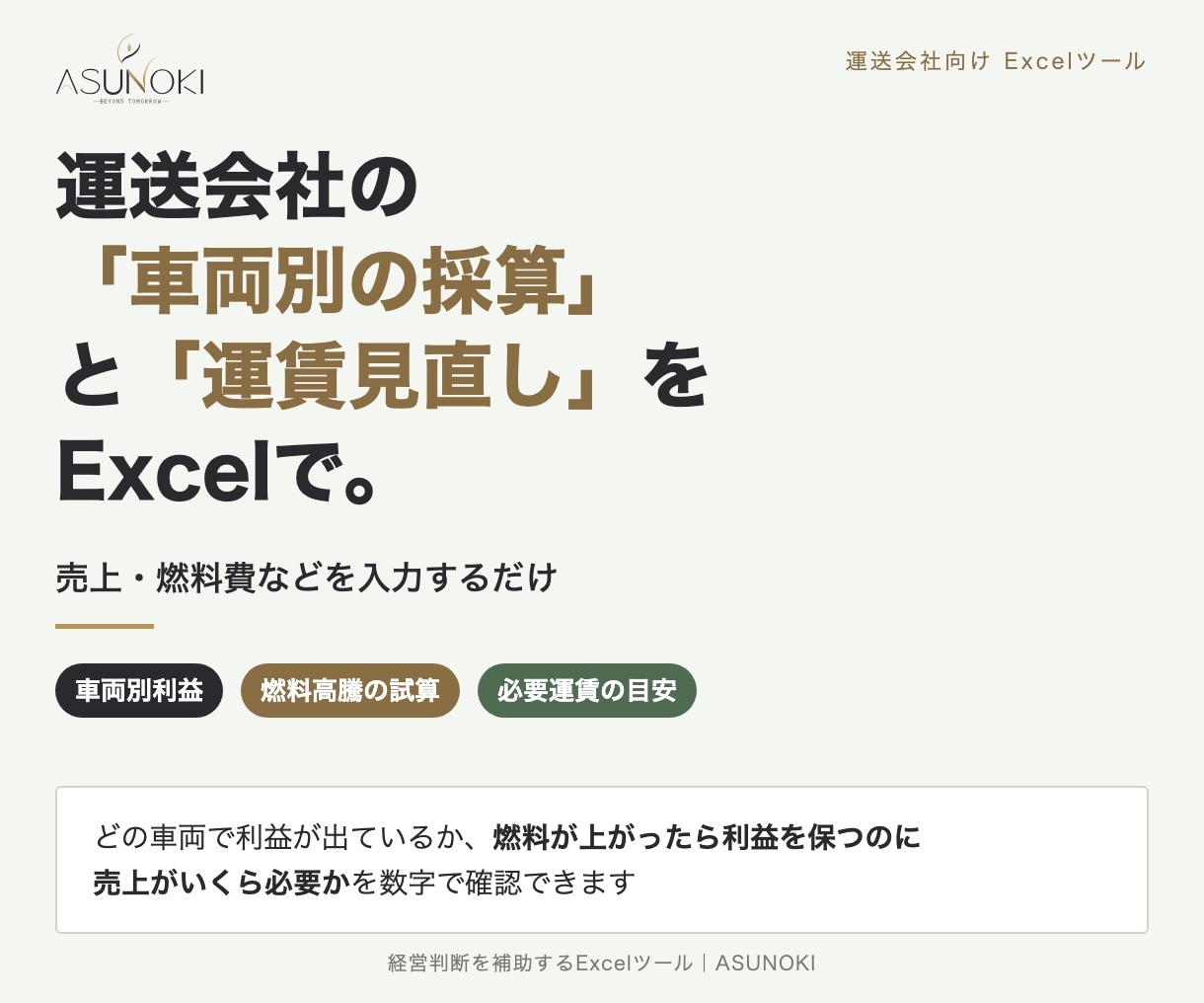 運送業の車両採算と運賃をExcelで見える化します 運送会社の車両別利益と、燃料高騰時の必要売上が分かります イメージ1