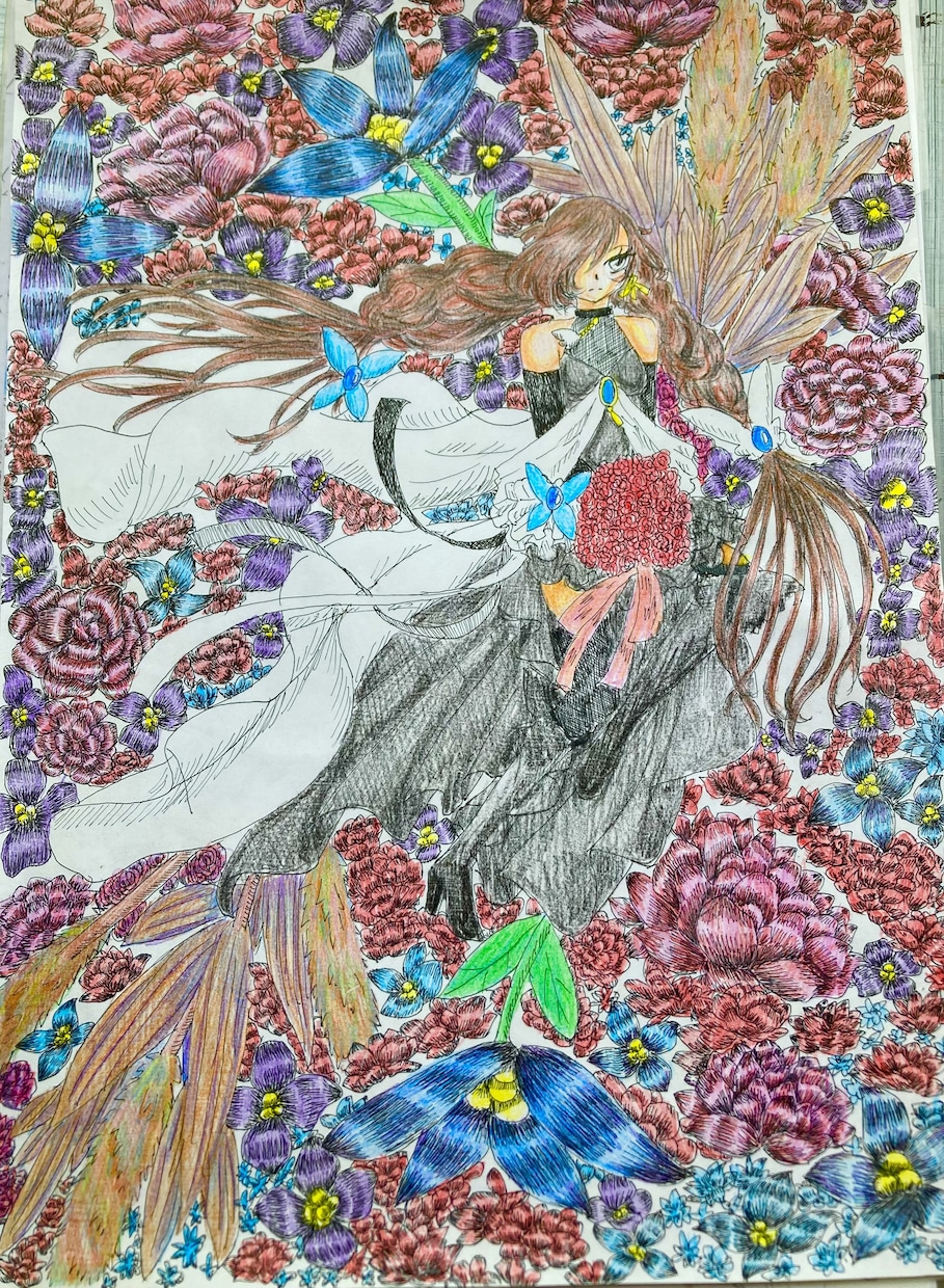 お花に囲まれたペン画と色鉛筆の絵を描きます アナログの温もりある一味違う1枚絵欲しい方必！ イメージ1