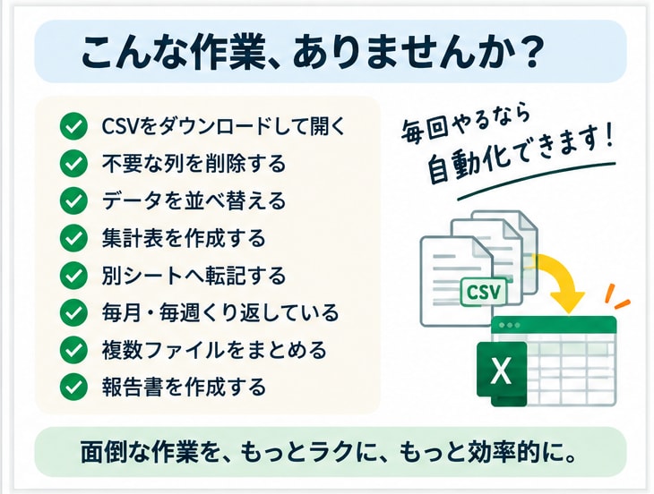 Excel・CSVの面倒な作業をボタン1つにします 毎回くり返しているExcelの自動化を相談乗ります。 イメージ2