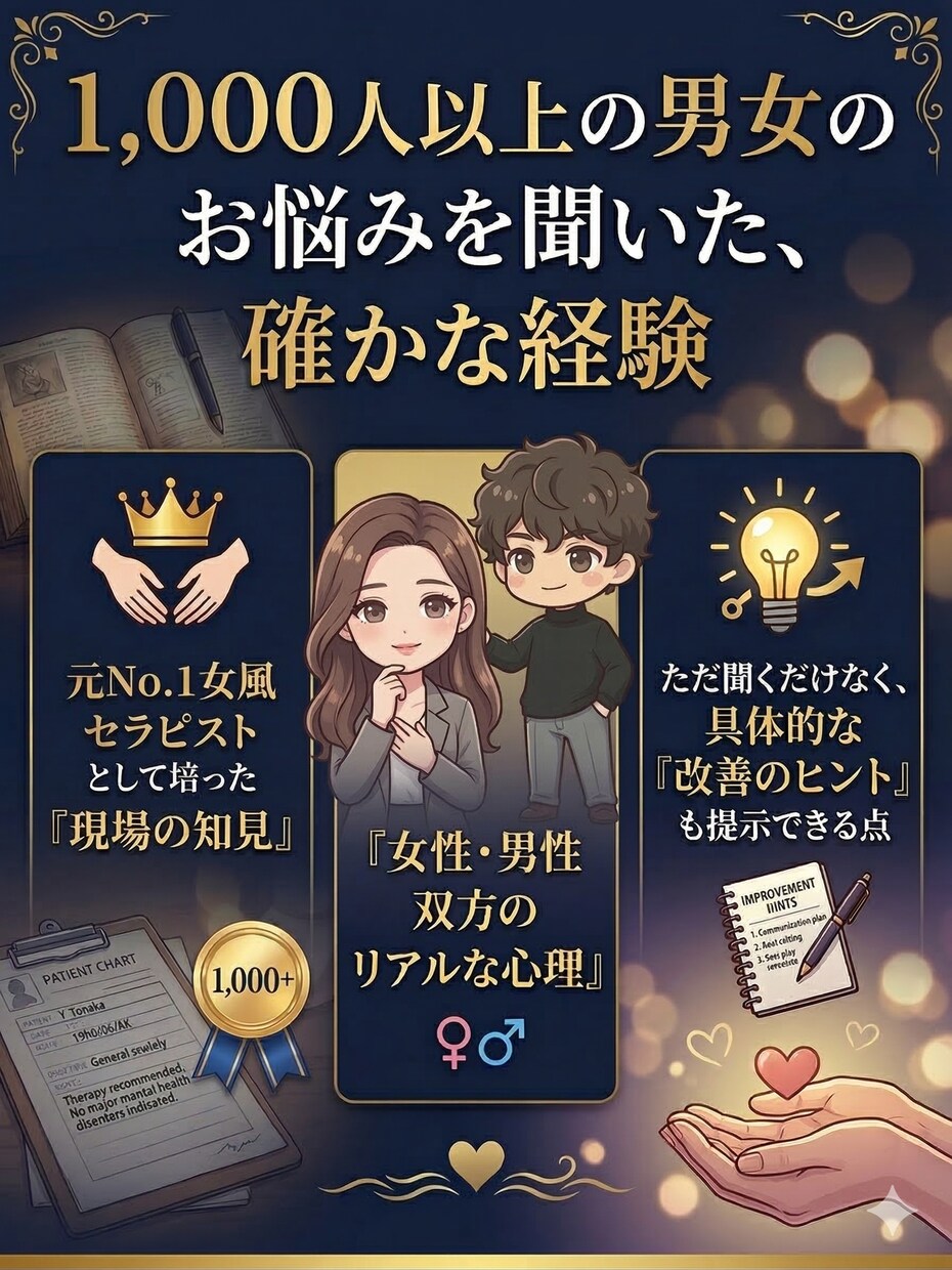 元No.1女風セラピが男女の夜のお悩みを聞きます セックスレスや性に関する不安/不満を安心して話せる場所です イメージ4
