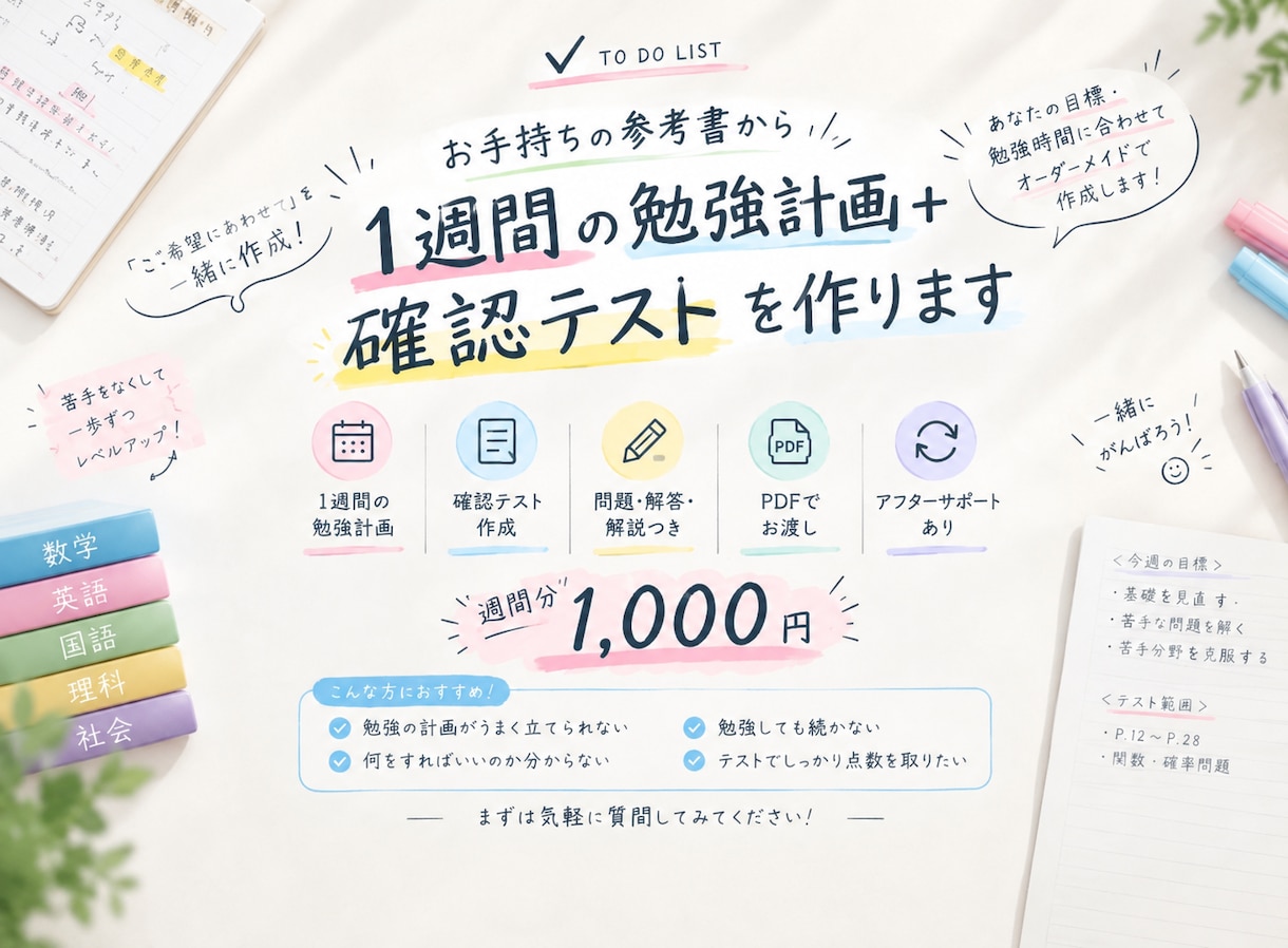 参考書から1週間の勉強計画＋確認テストを作ります 定期テスト、受験対策特化！！！ イメージ1