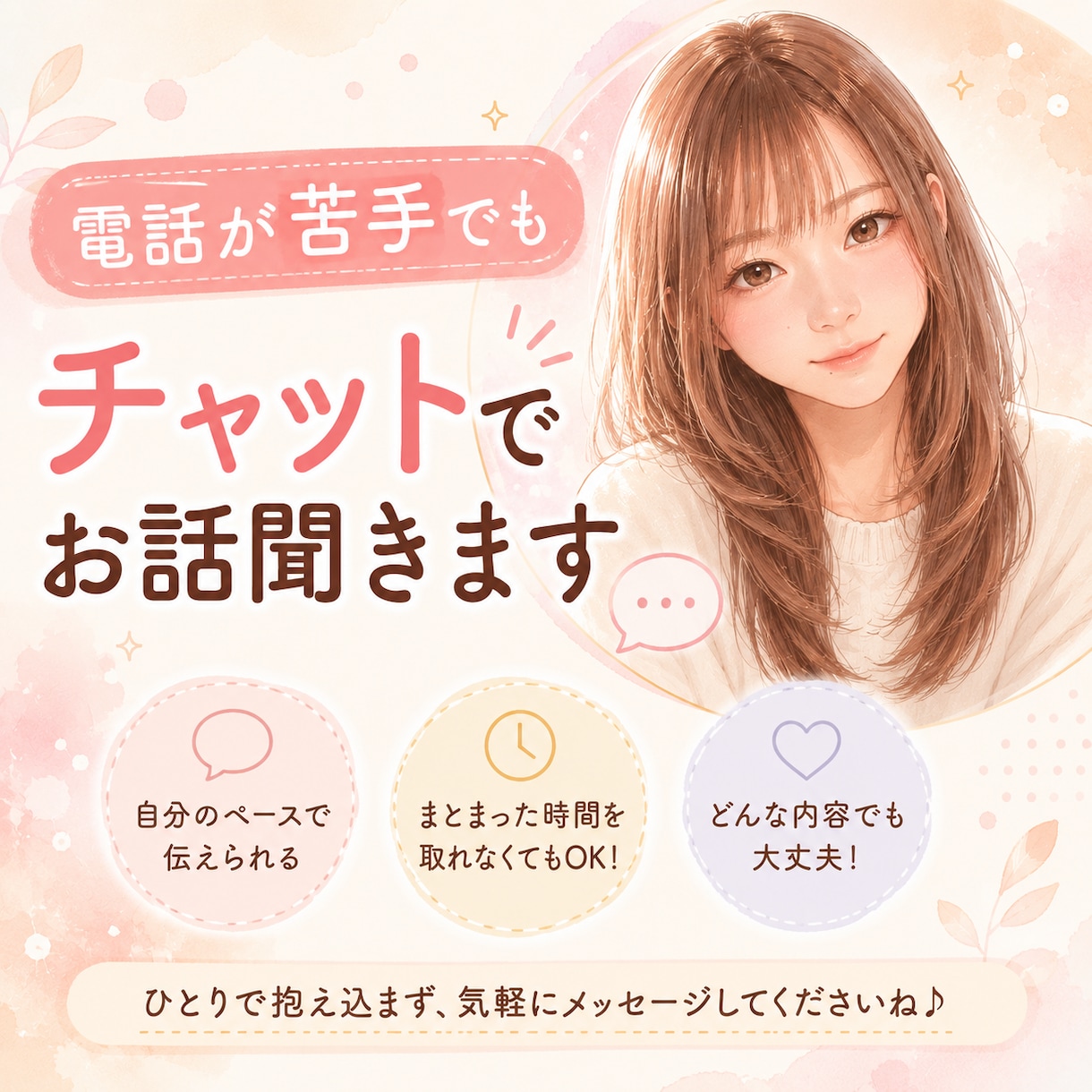 LINE友達感覚で【1週間チャット】お話し聞きます 電話が苦手でも大丈夫！チャットだからゆっくりお話できます。 イメージ1