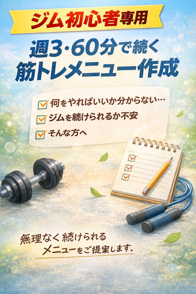 ジム初心者専用　継続重視の筋トレメニュー作成します 「何をやればいいか分からない」を解決。60分×週3メニュー イメージ1