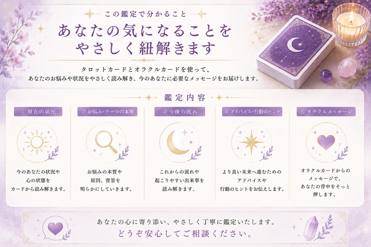 タロットでお悩みを丁寧に鑑定します 恋愛・仕事・人間関係…どんなお悩みでも心を込めて鑑定します イメージ2