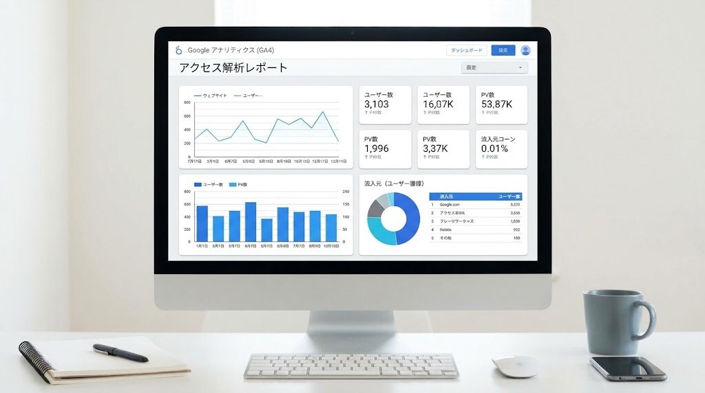 GA4とデータポータルで集計レポートを作成します サイトのアクセスや問合せ数を自動集計。開くだけで数字が見える イメージ1