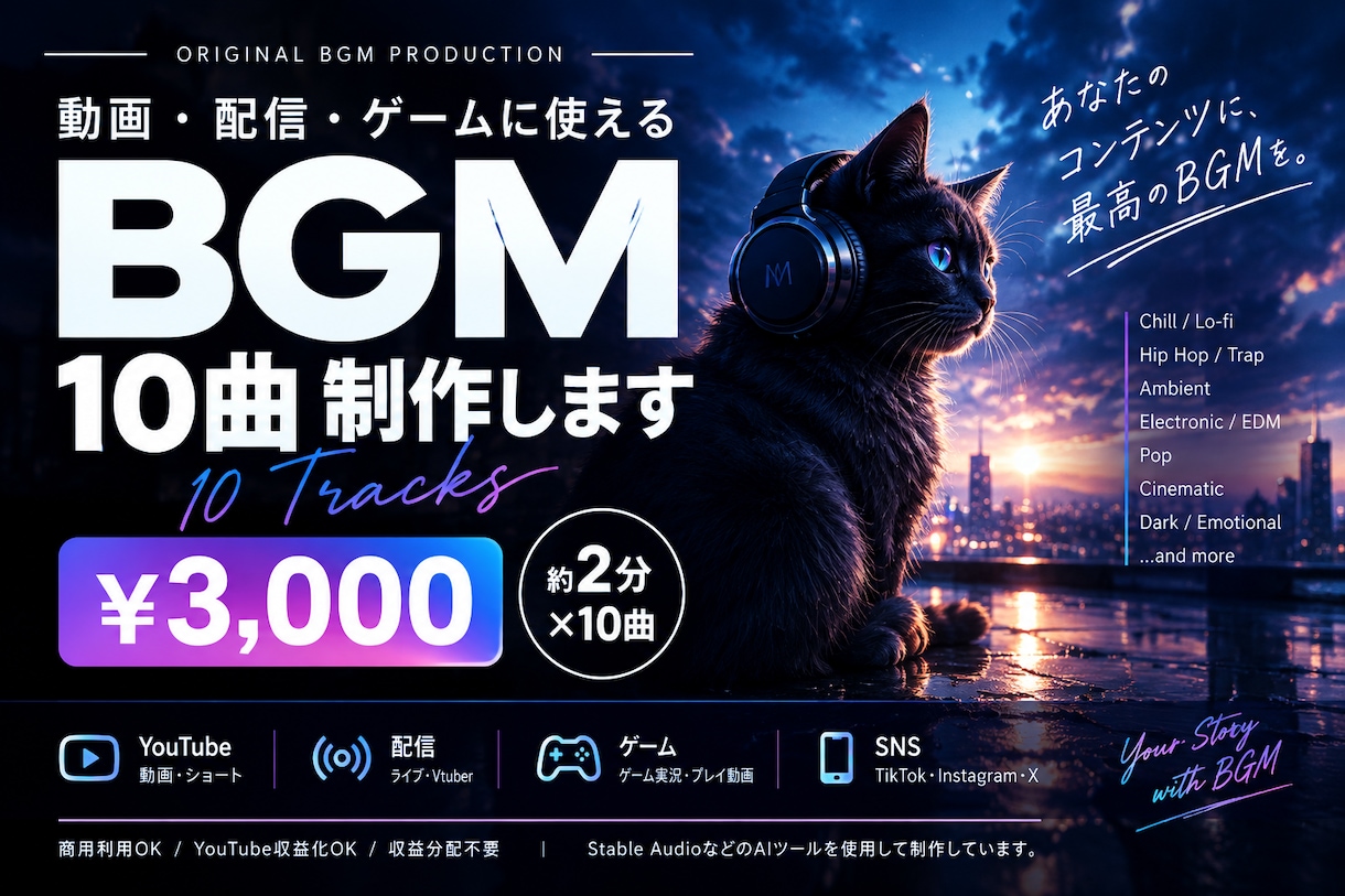 動画・配信用BGMを10曲制作します YouTube・配信に使えるBGMを10曲制作 イメージ1
