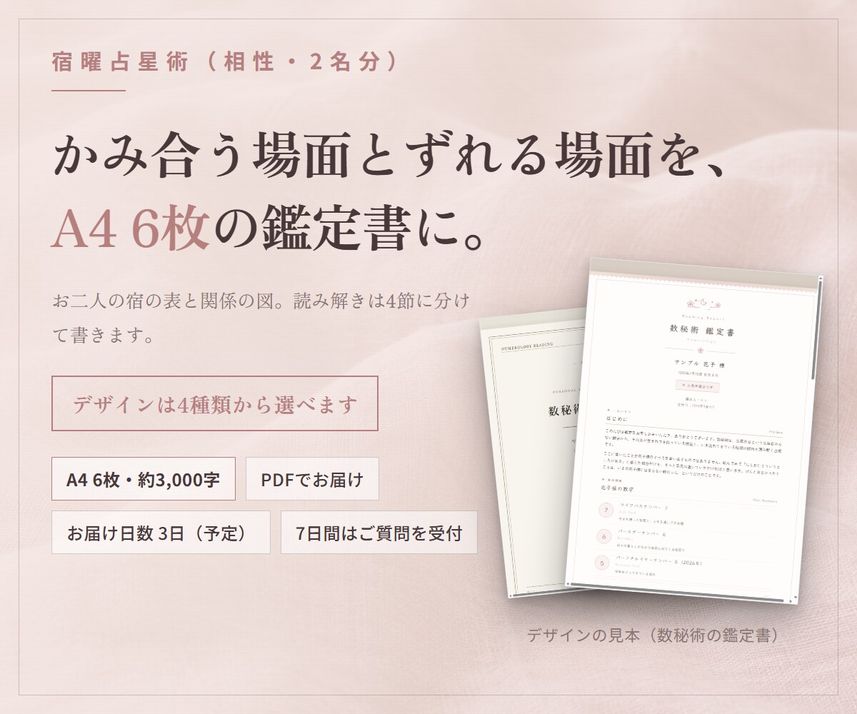 宿曜占星術｜二人の相性を鑑定書にします 二人の生年月日から、合う場面とずれる場面をA4 6枚にします イメージ1