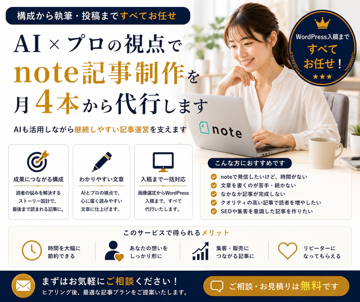 note記事制作を月4本から代行します AIも活用しながら継続しやすい記事運営を支えます イメージ1