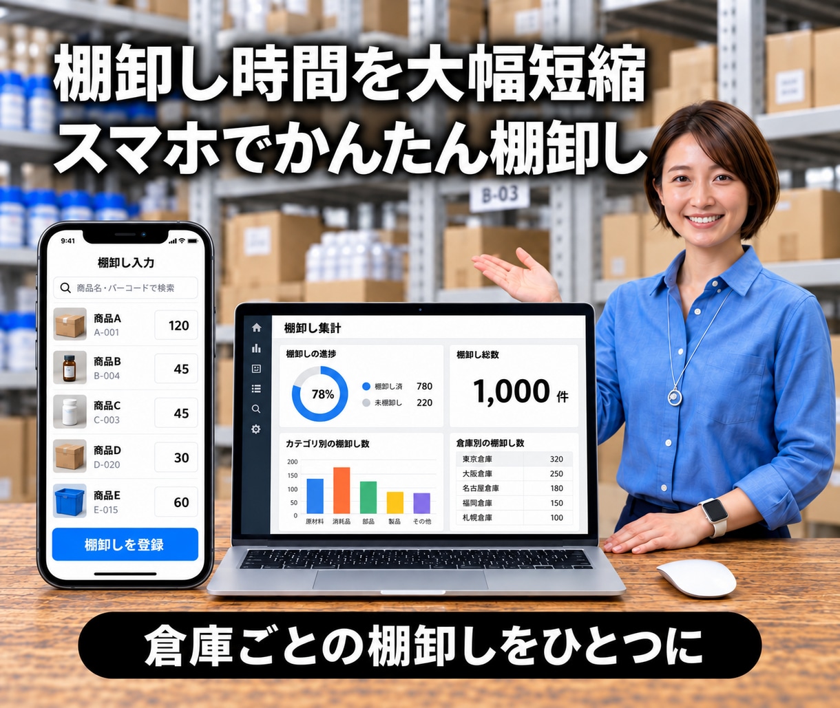スマホで棚卸しできる在庫管理アプリを制作します 倉庫別入力から差異確認・全体集計まで一つに イメージ1