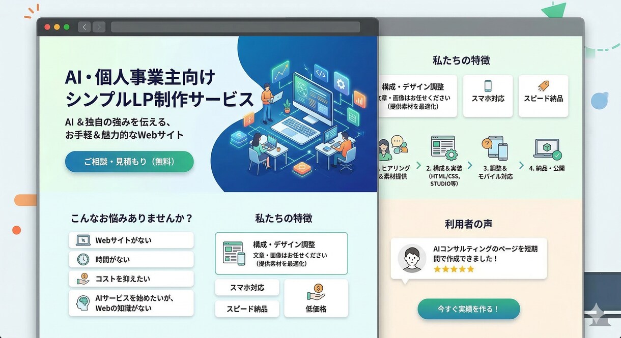 AI・個人事業向けシンプルLP制作します 文章・画像支給でスマホ対応LPを納品 イメージ1