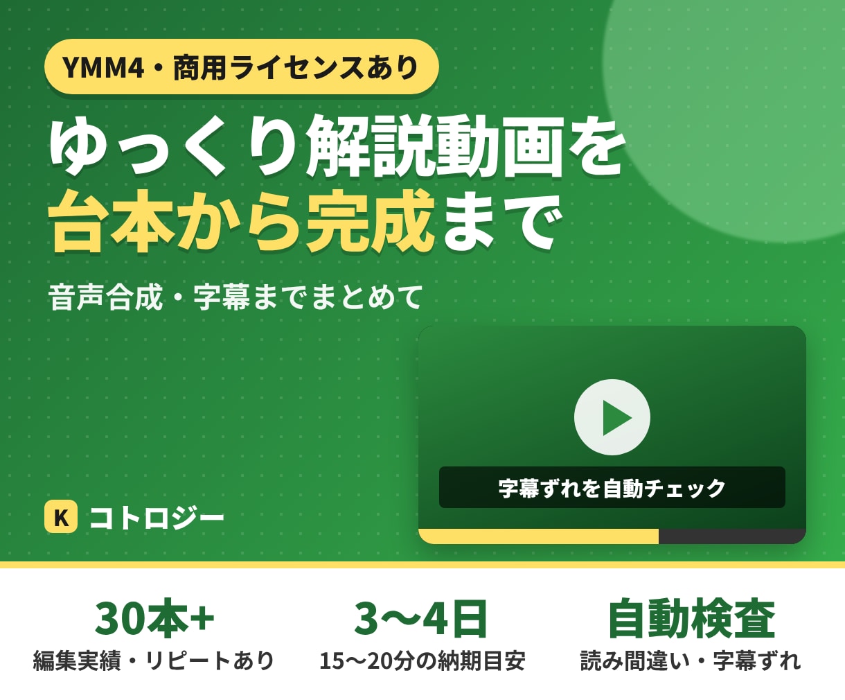 台本からゆっくり解説動画を完成まで作ります リピート発注4本。読み間違い・字幕ずれを自動検査して納品 イメージ1
