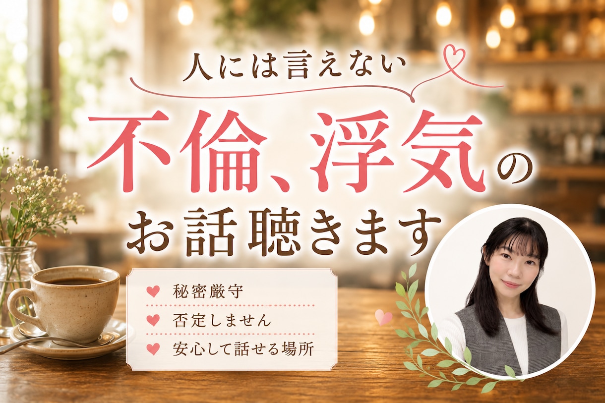 浮気、不倫のお話聞きます すべて受け入れお話をお聴きします。否定、説教いたしません。 イメージ1