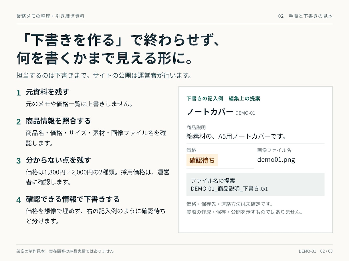 業務メモを手順書とチェックリストに整えます 外注・引き継ぎに。作業順と確認待ち事項を整理 イメージ2
