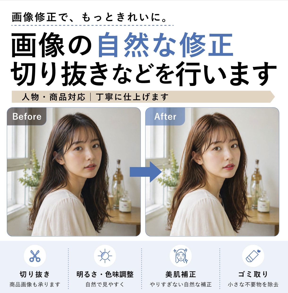 画像の自然な修正・切り抜きなどを行います 商用・SNS用OK！写真レタッチで、もっときれいに。 イメージ1