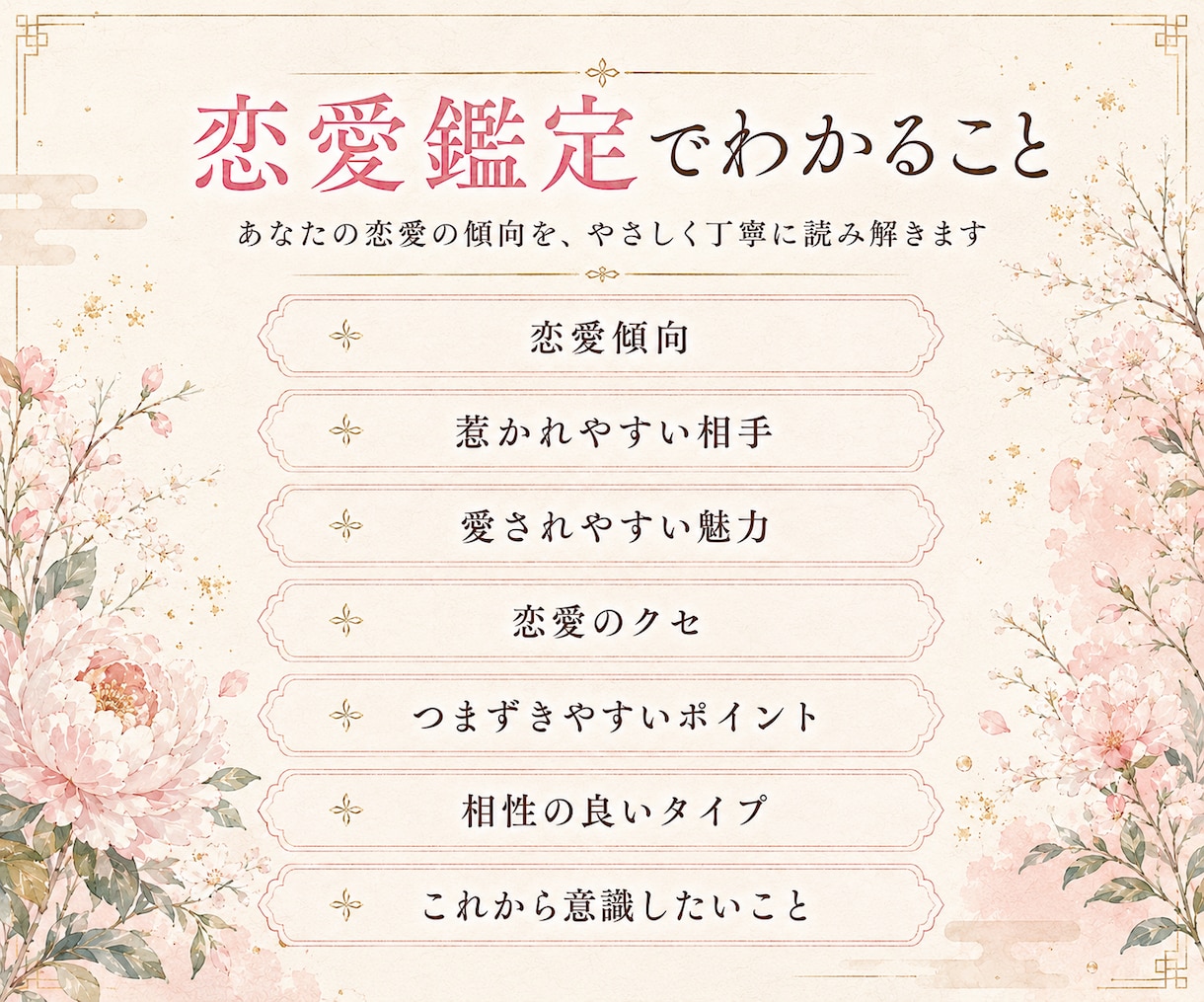あなたの恋愛と本当に相性の良い人を読み解きます 惹かれる相手・愛される魅力・恋愛の癖を読みます イメージ3