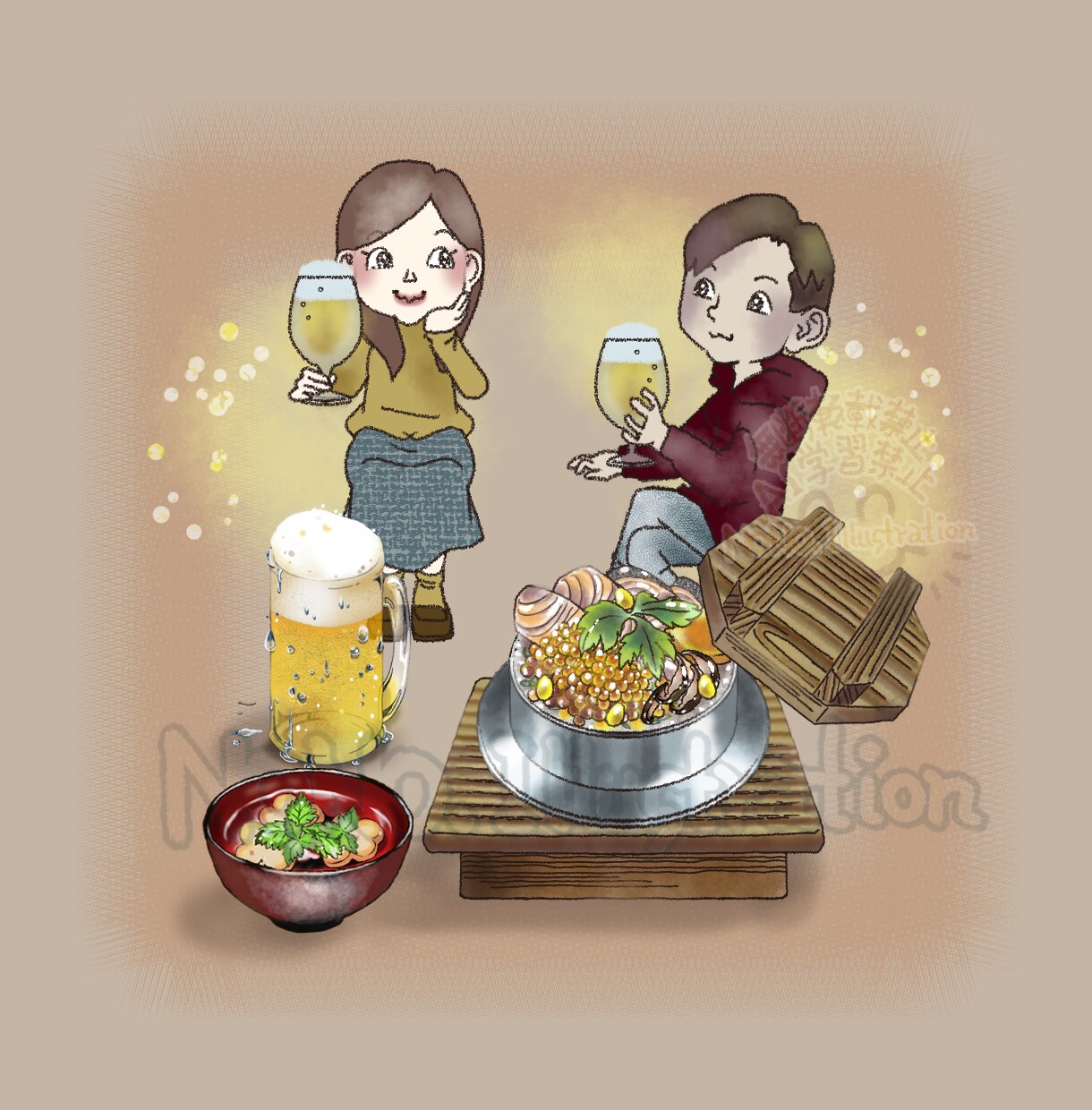 お料理に、ふんわり人物を添えてお描きします 美味しかったね、が伝わる、お料理と笑顔のシーンをイラストに！ イメージ3