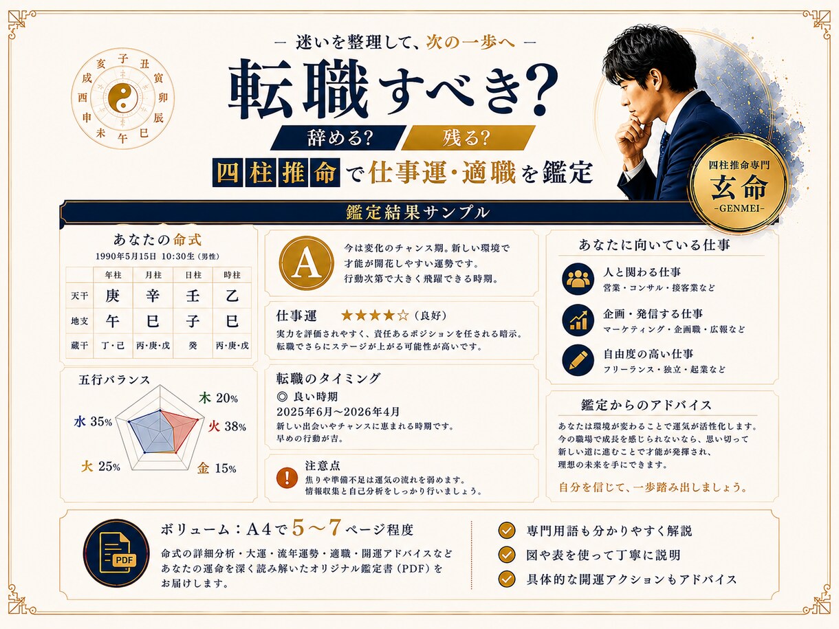 転職すべきか四柱推命で仕事運と適職を鑑定します 辞める？残る？あなたに合う働き方と転職時期を読み解く イメージ3