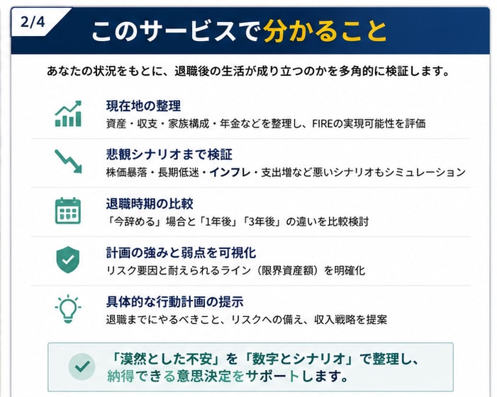 FIRE・早期退職の可能性を個別診断します 会社を辞めて大丈夫？数字と悲観シナリオで検証します イメージ2
