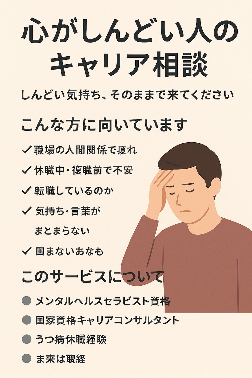 誰にも言えない悩みのキャリア相談を提供します しんどい気持ち、そのままで来てください。 イメージ1