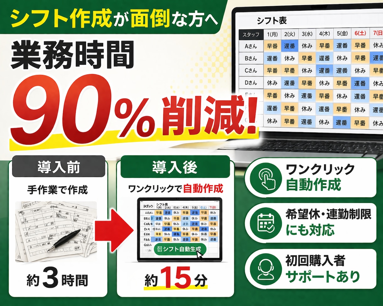Excelシフト自動作成｜人数・連勤調整します 面倒なシフト作成をボタン1つで終わらせます イメージ3