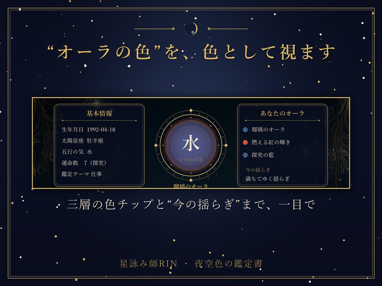 恋愛・仕事・人間関係の流れを生年月日で鑑定します 生まれ持つオーラの色を、生年月日から深く視ます イメージ3