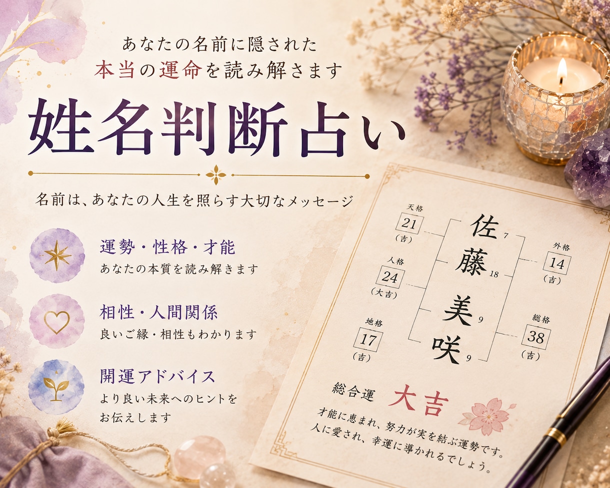 あなたのお名前を鑑定します お名前ー字画からあなたの人生をみます イメージ1