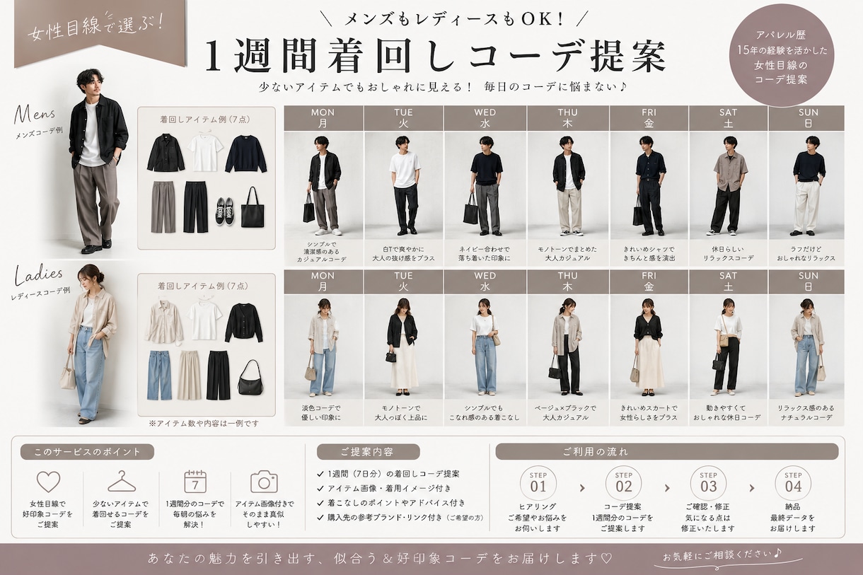 もう悩まない！1週間分コーディネート提案ます 少ないアイテムでも組み合わせ次第で毎日オシャレに！ イメージ1