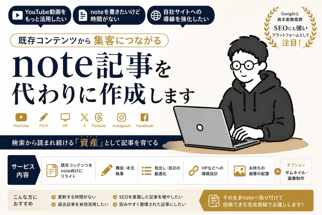 あなたのコンテンツをnote化します 累計116万ビューの現役発信者が、コンテンツをnoteに。 イメージ1