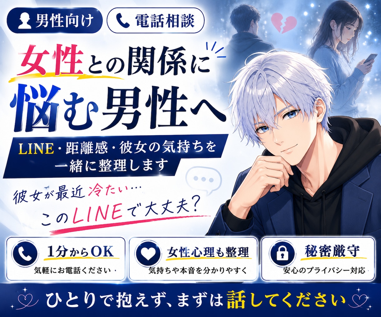 男性向け｜好きな女性への接し方を一緒に整理します LINE・誘い方・不安を男同士で気軽に相談 イメージ1