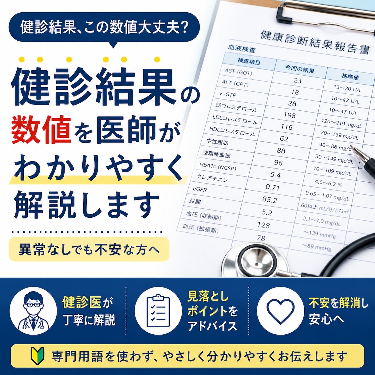 健診結果の数値を医師がわかりやすく解説します 健診医が数値の意味と見落としポイントをやさしく解説します イメージ1