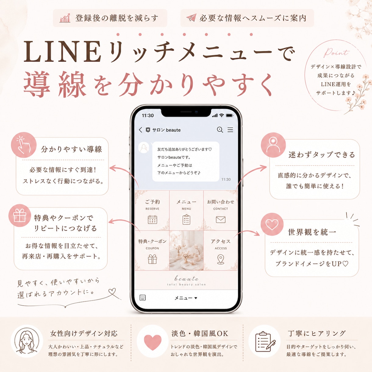 女性向けLINEリッチメニューを制作します 淡色・韓国風デザインで世界観を統一 イメージ3
