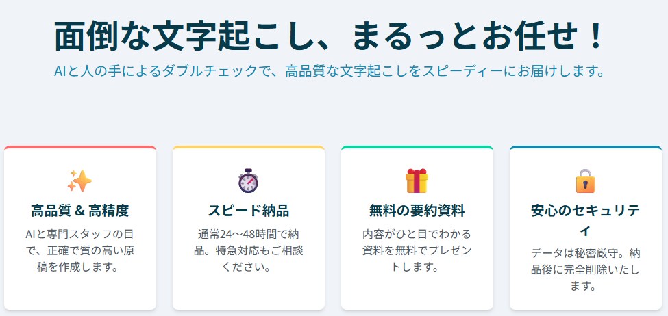 面倒な文字起こしプロがAIで高速高品質に解決します 音声データを送るだけ。あとはプロにお任せください。 イメージ2