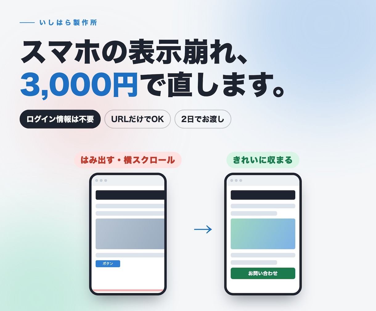 スマホ表示の崩れをCSSで直します ログイン情報不要／URLだけでOK／2日でお渡し イメージ1