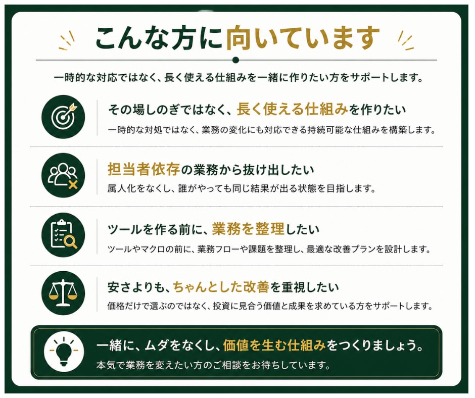 業務改善のためのExcelマクロ設計します 現場に合わせた最適な仕組みを設計し、長く使える形に整えます イメージ9