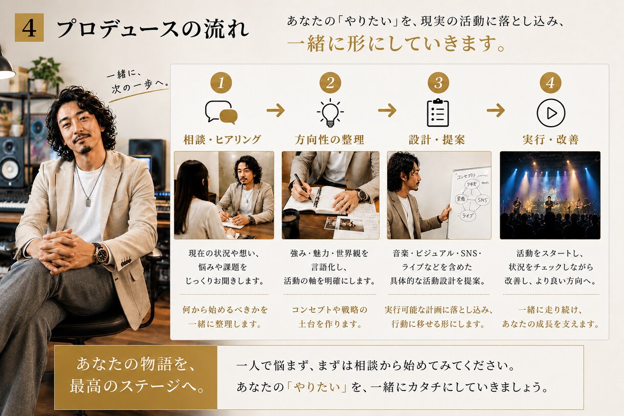 音楽活動の悩み・方向性をプロ目線で整理します あなたの「やりたい」を整理し、一緒に形にします イメージ4
