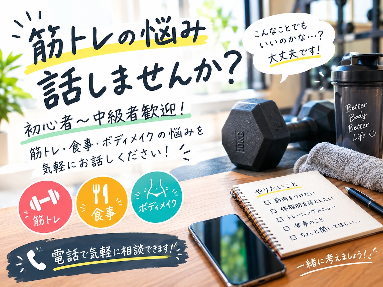 筋トレの悩み、独学5年の経験から一緒に考えます 初心者歓迎！筋トレの悩み、気軽に話しませんか？ イメージ1