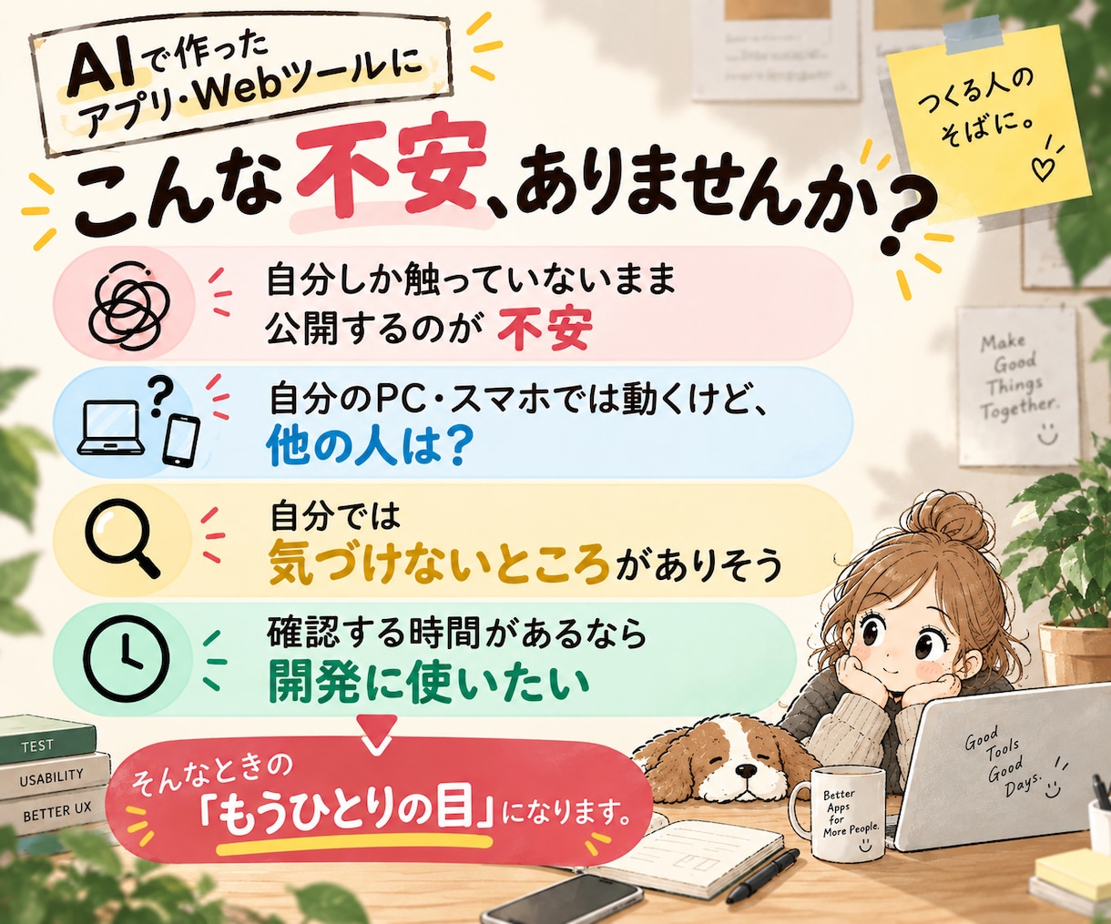 AIで作ったアプリ・Webツールをテストします ひとりで作ったそのアプリに、もうひとりの目を。 イメージ2
