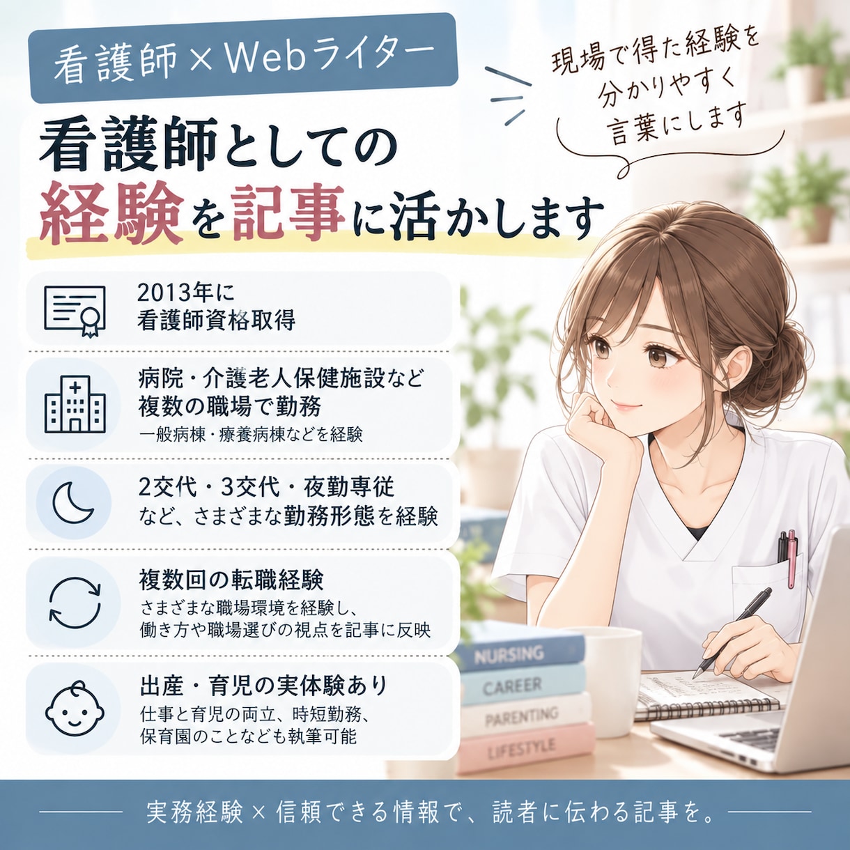 看護師経験を活かして医療・看護記事を執筆します 2013年看護師資格取得｜SEO記事・リサーチ対応 イメージ2