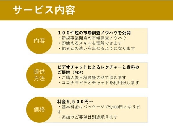 新規事業の市場調査ノウハウをレクチャーします 100件超提供した市場調査ノウハウでスキルアップできます！ イメージ2