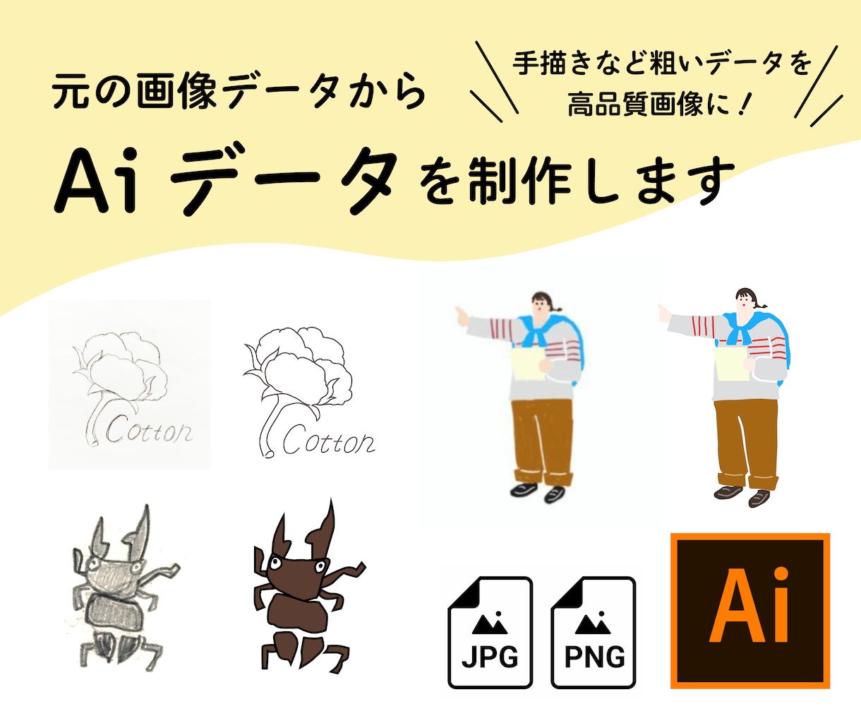 元の画像データからAiデータにトレースします 手描きなど粗いデータを高品質画像に！ イメージ1