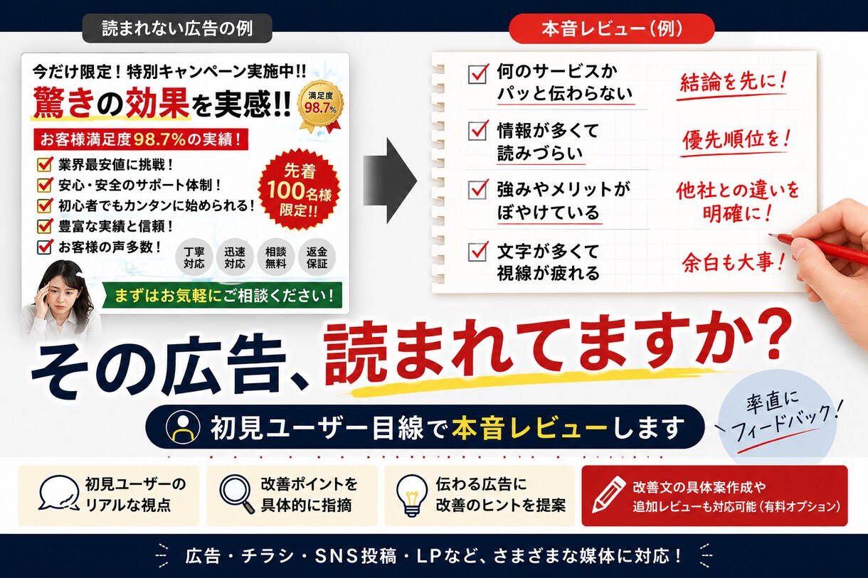 あなたの広告がスルーされる理由を本音で診断します 初見ユーザ目線でなぜ刺さらない？どこで離脱する？を本音レビュ イメージ1