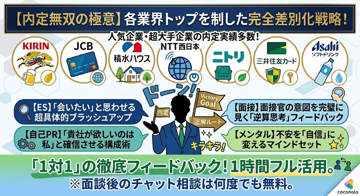 大手企業内定のコツを教えます キリン、アサヒ、NTT西日本、JCB等大手企業内定のコツ イメージ2