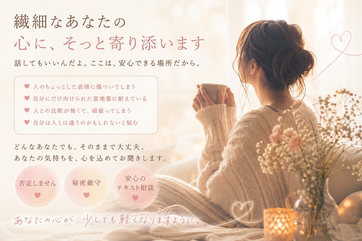 繊細なあなたの心に寄り添います 繊細で生きづらいあなたに生きづらいながら生きてきた私から。 イメージ1