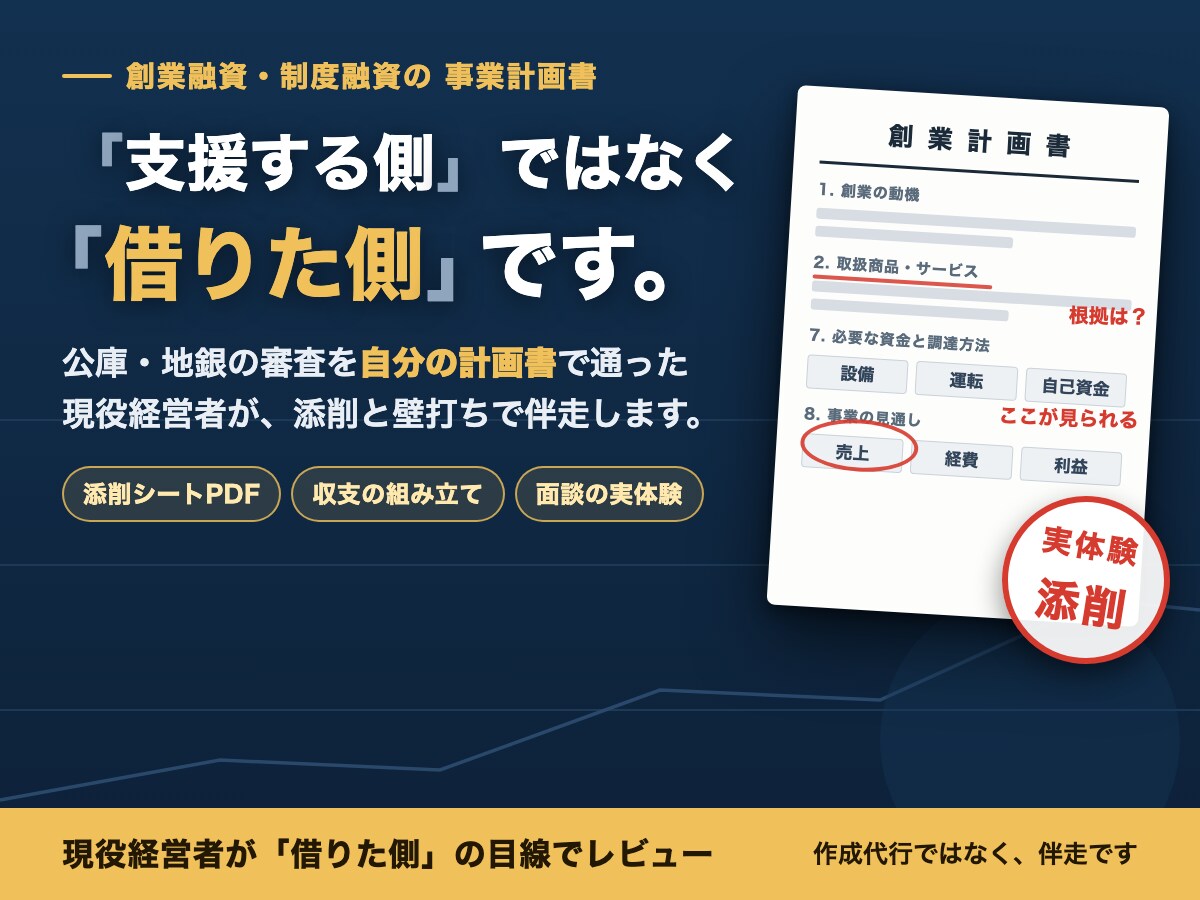 融資を受けた現役経営者が事業計画書を添削します 支援する側でなく借りた側。公庫と地銀の審査を通った実体験から イメージ1