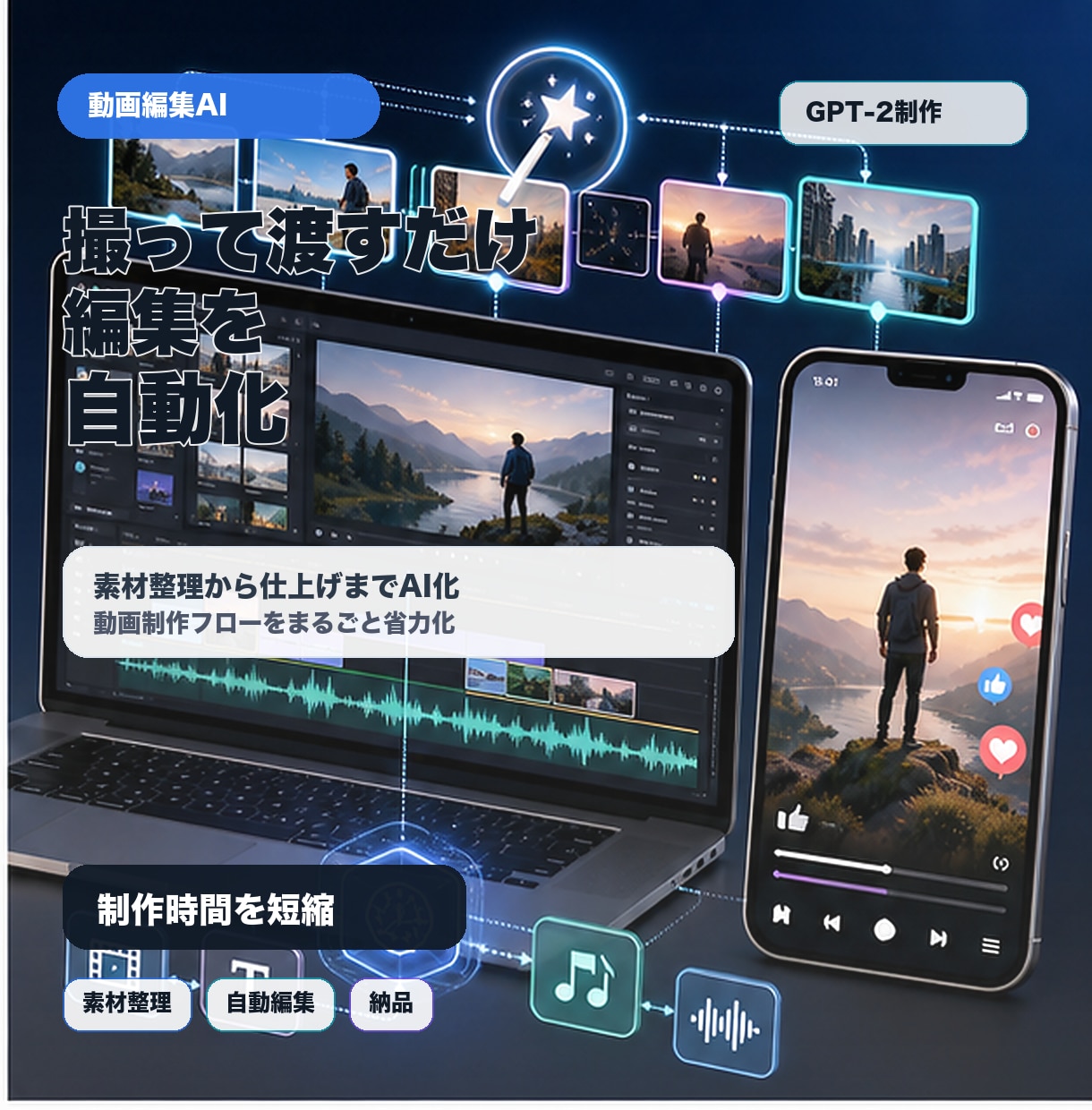 動画編集を自動化するAIエージェント作ります 撮って渡すだけ、編集は全自動で仕上がります イメージ1